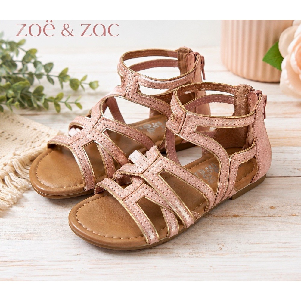 Zoë & Zac Women's Pink/Tan Gladiator Flat Sandals Ankle Strap Zip, Size 13